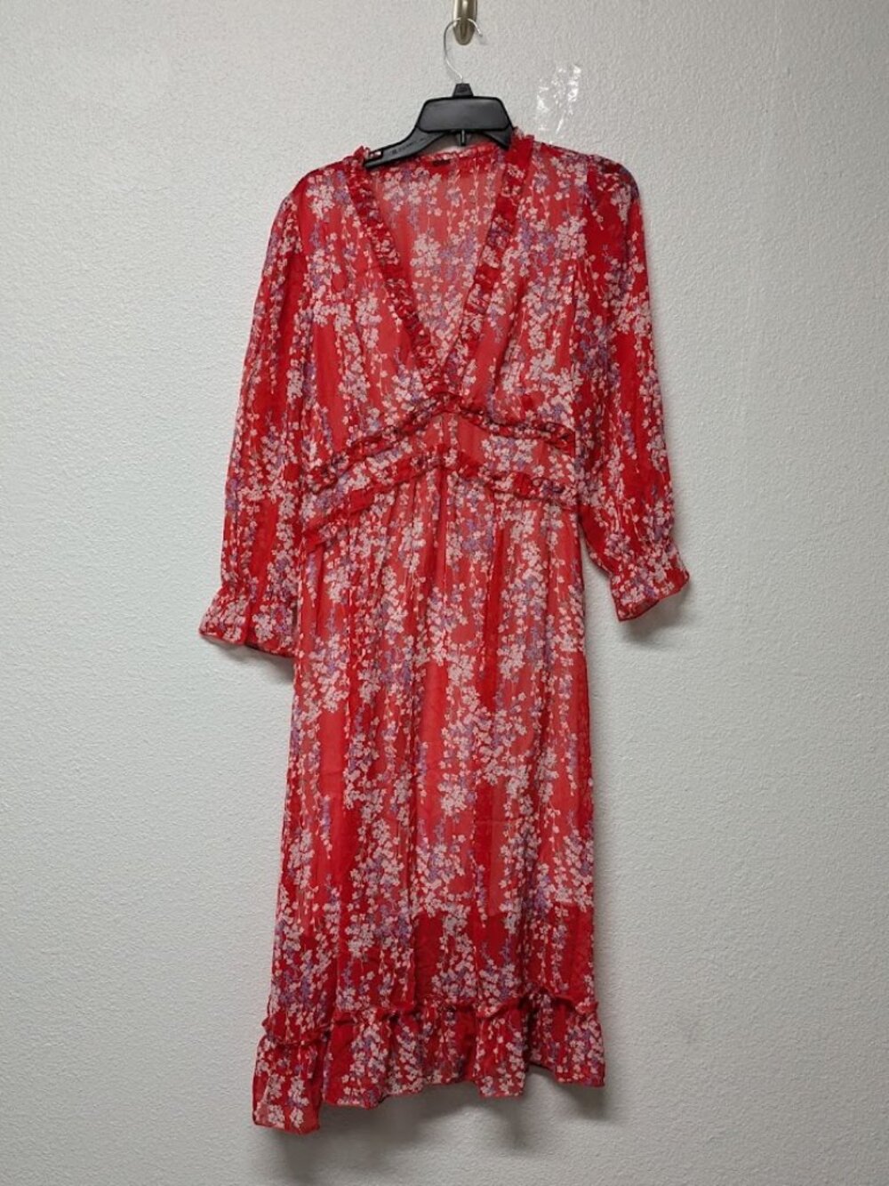 Red Ditsy Floral V-Neck Long Sleeve Ruffle Empire Waist and Hem Midi Dress